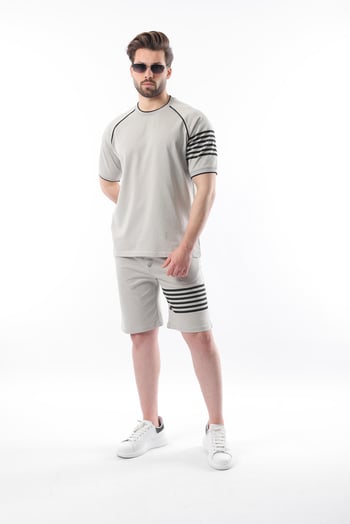 Boyalı Gri Baskılı Reglan Kol Erkek Şort T-shirt Takımı E7306