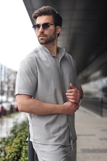 Boyalı Gri Erkek Şort Gömlek Takım E7350