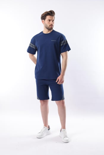 Lacivert Şerit Detaylı Erkek Şort T-shirt Takım E7301