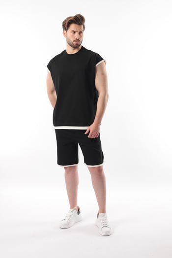 Siyah Sıfır Kol Erkek Şort T-shirt Takım E7308