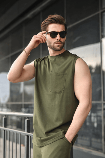 Haki Bisiklet Yaka Kolsuz Erkek Şort T-shirt Takım E7351