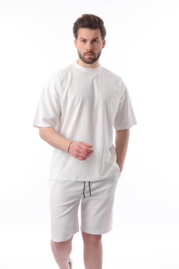 Ekru Bisiklet Yaka Erkek Şort Takımı 5949