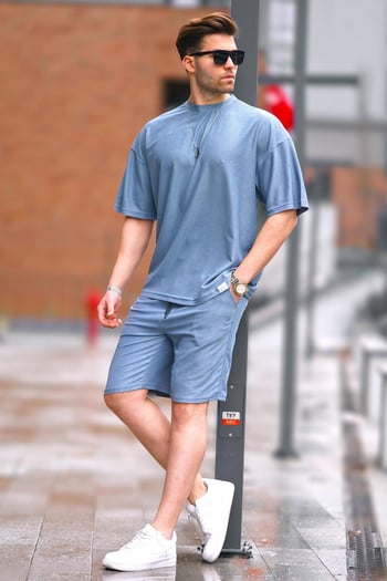 Mavi Bisiklet Yaka Erkek Şort Takımı 5949