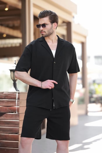 Siyah Basic Erkek Şort Gömlek Takım E7311