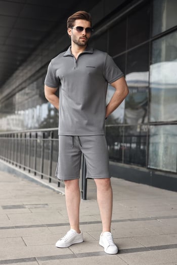 Füme Yarım Fermuarlı Polo Yaka T-shirt Şort Takım E7348