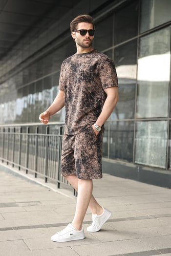 Siyah-Kahverengi Batik Desenli Overfit Şort T-shirt Takım E7357