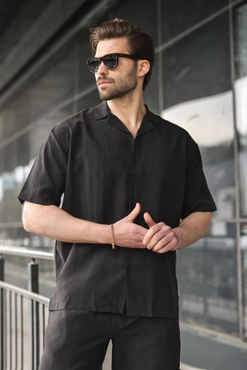 Siyah Tensel Kumaş Erkek Şort Gömlek Takım E7352