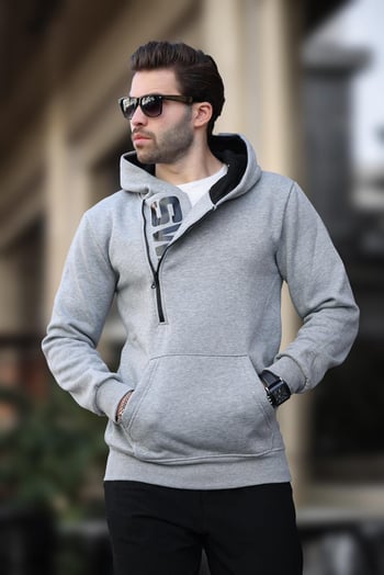 Madmext Gri Fermuar Detaylı Kapüşonlu Sweatshirt 1767