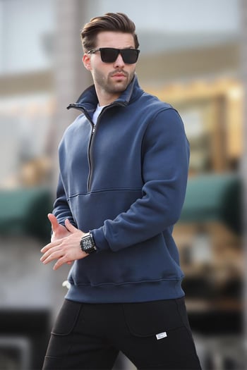 Lacivert Dik Yaka Yarım Fermuarlı Sweatshirt 7079