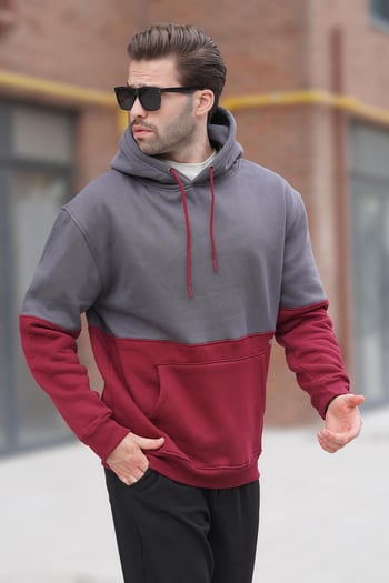 Füme Kapüşonlu Renk Bloklu Baskı Detaylı Erkek Sweatshirt 7046
