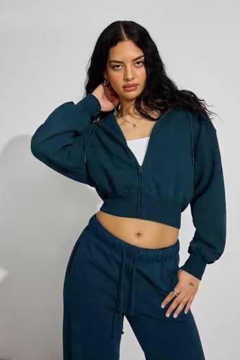 Lacivert Crop Kapşonlu Fermuarlı Kadın Sweatshirt MG2608