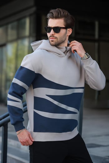 Boyalı Gri Kapüşonlu Fermuar Yaka Desenli Erkek Sweatshirt E7162