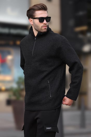 Siyah Dik Yaka Yarım Fermuarlı Buklet Sweatshirt 7084