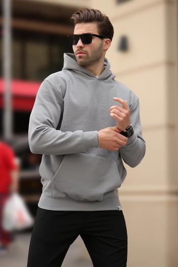 Boyalı Gri Kapüşonlu Cep Detaylı Sweatshirt 7095