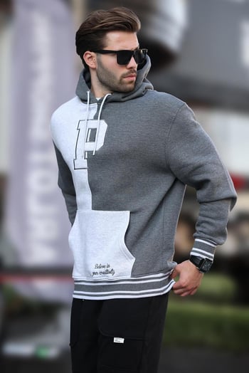 Antrasit Renk Bloklu Kapüşonlu Baskılı Erkek Sweatshirt 7078