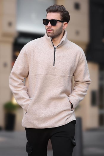 Ekru Dik Yaka Yarım Fermuarlı Buklet Sweatshirt 7084