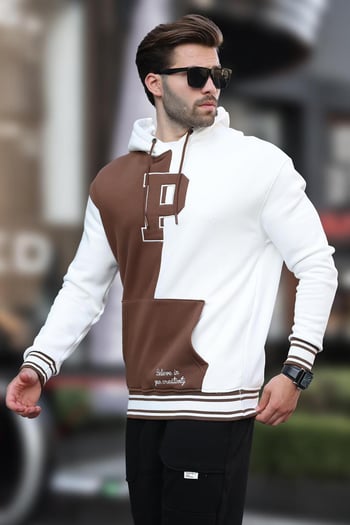 Ekru Renk Bloklu Kapüşonlu Baskılı Erkek Sweatshirt 7078
