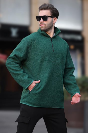 Yeşil Dik Yaka Yarım Fermuarlı Buklet Sweatshirt 7084