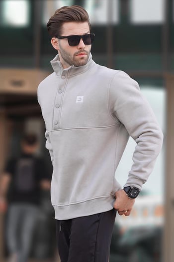 Boyalı Gri Dik Yakalı Düğme Detaylı Erkek Sweatshirt 7060