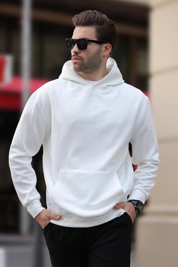 Beyaz Kapüşonlu Cep Detaylı Sweatshirt 7095