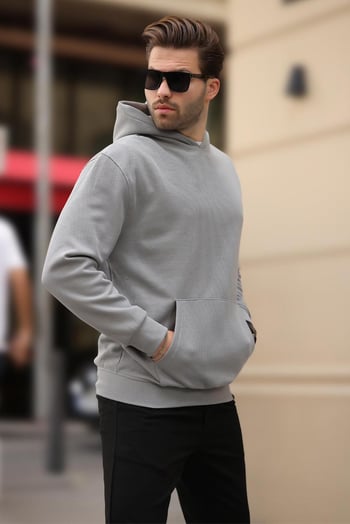 Boyalı Gri Kapüşonlu Cep Detaylı Sweatshirt 7095