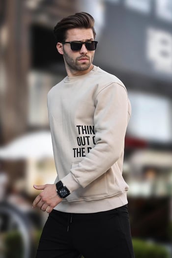 Bej Bisiklet Yaka Şardonlu Cep Detaylı Baskılı Erkek Sweatshirt 7061