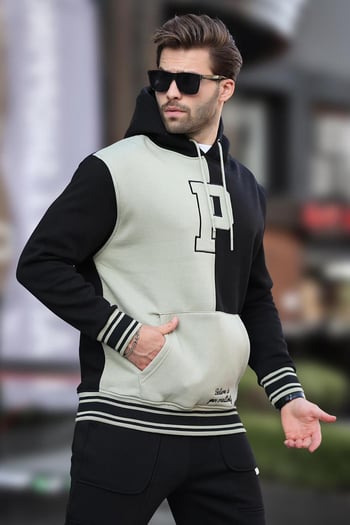 Siyah Renk Bloklu Kapüşonlu Baskılı Erkek Sweatshirt 7078