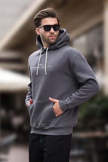 Füme Kapüşonlu Nakış Detaylı Cepli Erkek Sweatshirt 7066