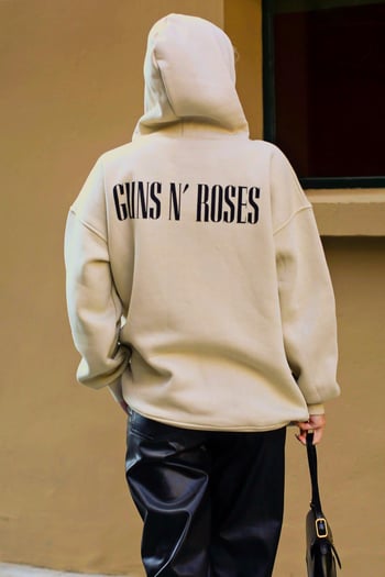 Bej Baskılı Oversize Kapüşonlu  Kadın Sweatshirt MG1581