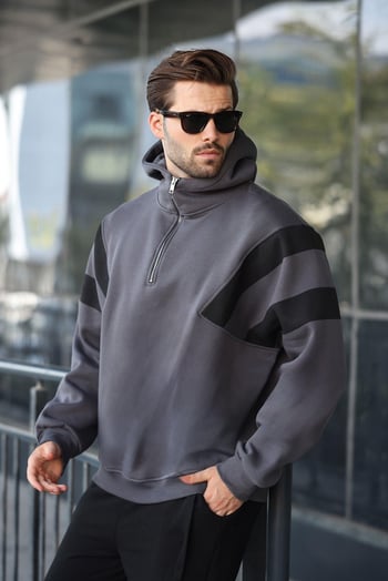 Füme Fermuarlı Yaka Kapüşonlu Erkek Sweatshirt E7161