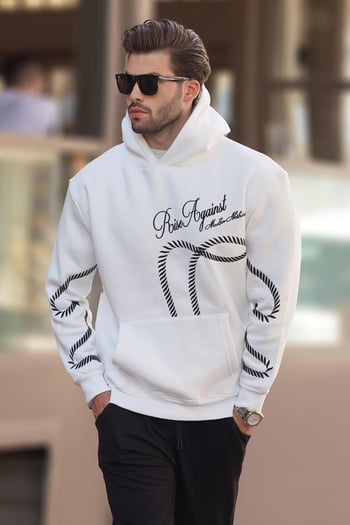 Ekru Baskılı Kapşonlu Cep Detaylı Erkek Sweatshirt 7067