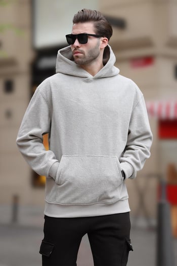 Boyalı Gri Kapüşonlu Cep Detaylı Polar Erkek Sweatshirt 7093
