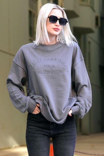 Füme Bisiklet Yaka Baskılı Sweatshirt MG1924