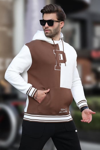 Ekru Renk Bloklu Kapüşonlu Baskılı Erkek Sweatshirt 7078