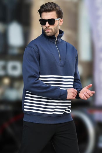Lacivert Fermuar Yakalı Çizgili Sweatshirt 7056