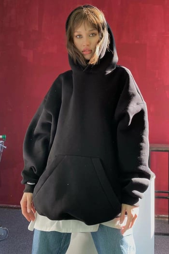 Koyu Siyah Kapüşonlu Şardonlu Oversize Sweatshirt MG1566