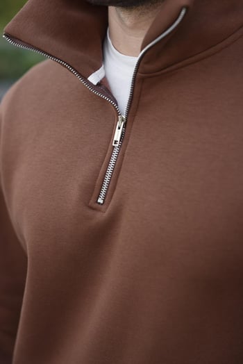 Kahverengi Fermuarlı Dik Yaka Kanguru Cep Erkek Sweatshirt E7159
