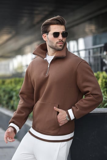 Kahverengi Fermuarlı Dik Yaka Kanguru Cep Erkek Sweatshirt E7159