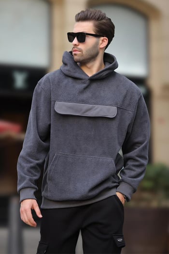 Füme Kapüşonlu Kapaklı Cep Detaylı Polar Erkek Sweatshirt 7097