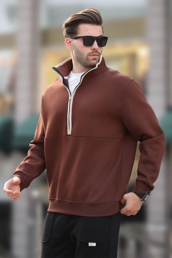 Acı Kahverengi Dik Yaka Yarım Fermuarlı Sweatshirt 7079