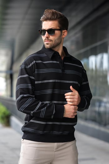 Siyah Çizgili Polo Yaka Erkek Sweatshirt E7172