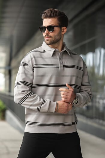 Boyalı Gri Çizgili Polo Yaka Erkek Sweatshirt E7172
