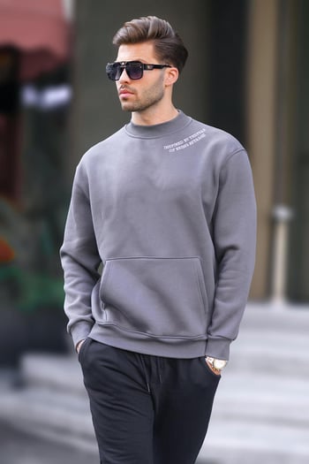 Füme Bisiklet Yaka Nakış Detaylı Cepli Erkek Sweatshirt 7049