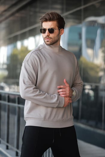 Boyalı Gri Yarım Balıkçı Yaka Erkek Basic Sweatshirt E7158