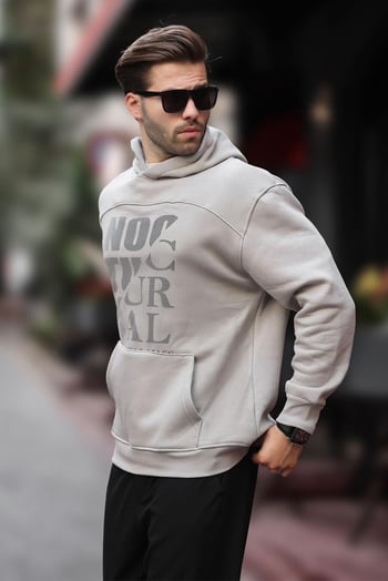 Boyalı Gri Baskılı Kapüşonlu Cep Detaylı Erkek Sweatshirt 7062