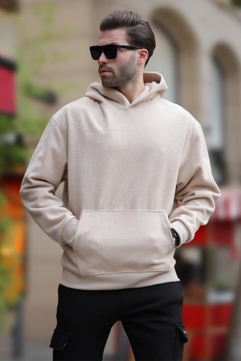 Bej Kapüşonlu Cep Detaylı Polar Erkek Sweatshirt 7093