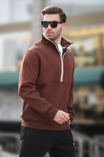 Acı Kahverengi Dik Yaka Yarım Fermuarlı Sweatshirt 7079