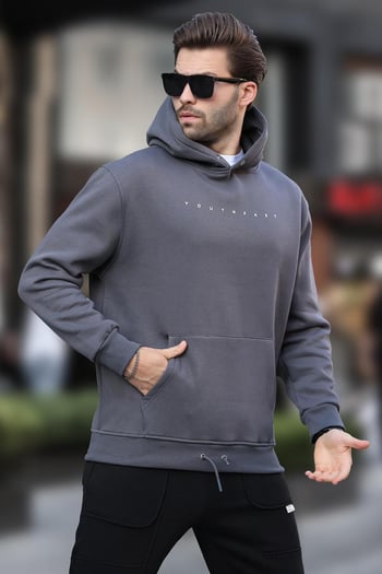 Füme Kapüşonlu Baskılı Erkek Sweatshirt 7077
