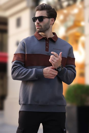 Füme Polo Yaka Renk Bloklu Erkek Sweatshirt 7072