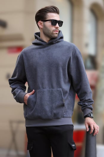 Füme Kapüşonlu Cep Detaylı Polar Erkek Sweatshirt 7093